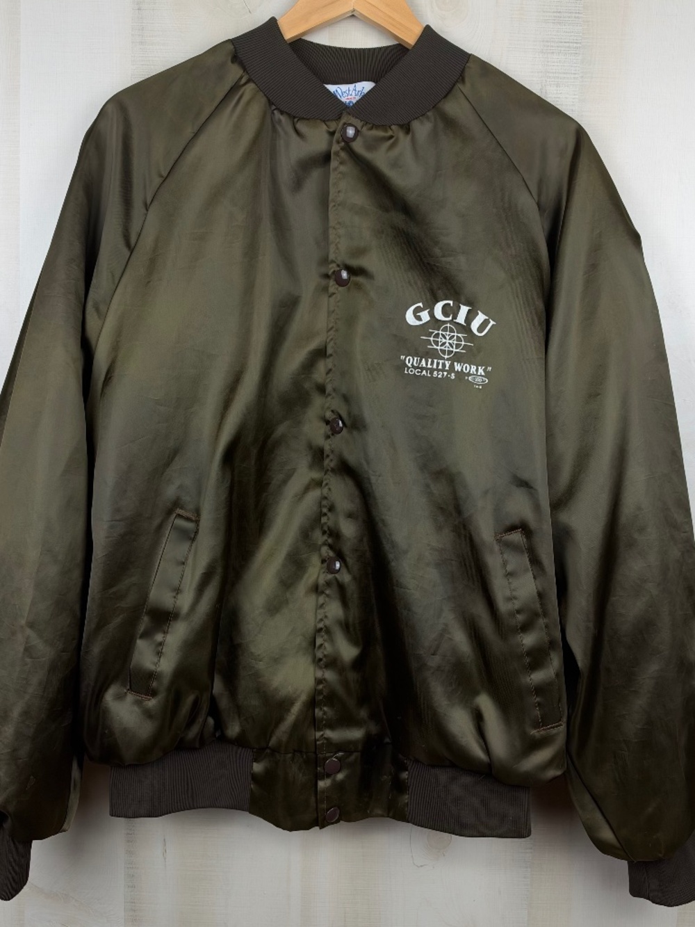 Vintage WestArk Men’s Brown Satin Lined Bomber Jacket GCIU Quality Work Logo XL